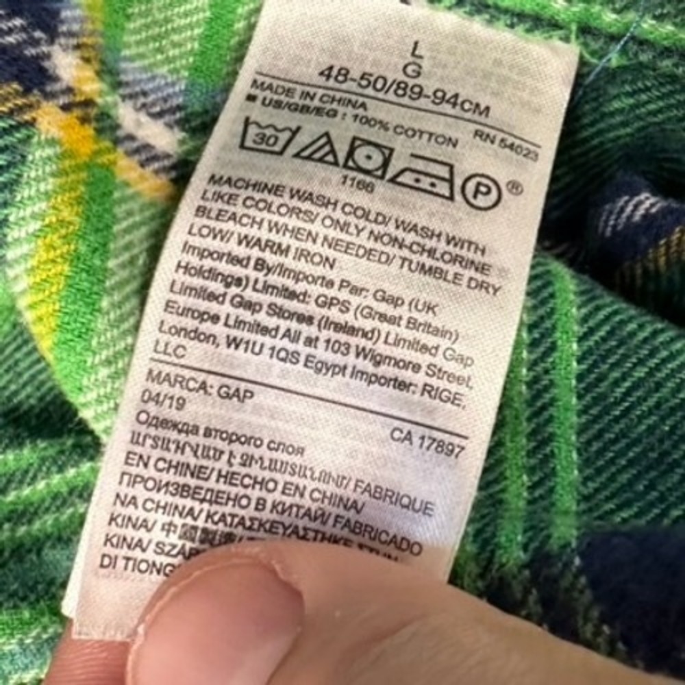 GAP Flannel Shirt‎ Plaid Button Up Long Sleeve Green Blue Mens Size L - Picture 6 of 6